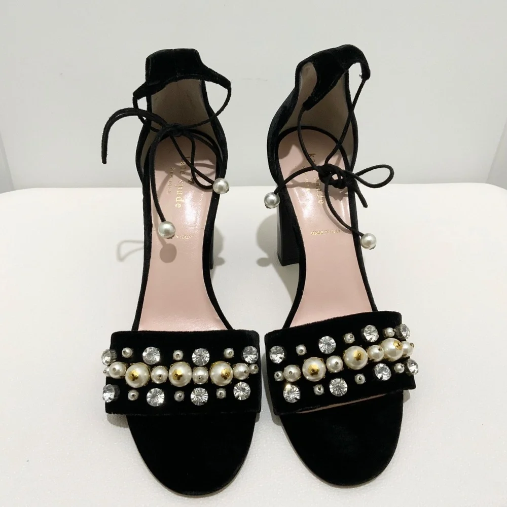 Kate Spade Iverna Pearl Studded Open Toe Pumps Balck Evening Sandals Dress Shoes